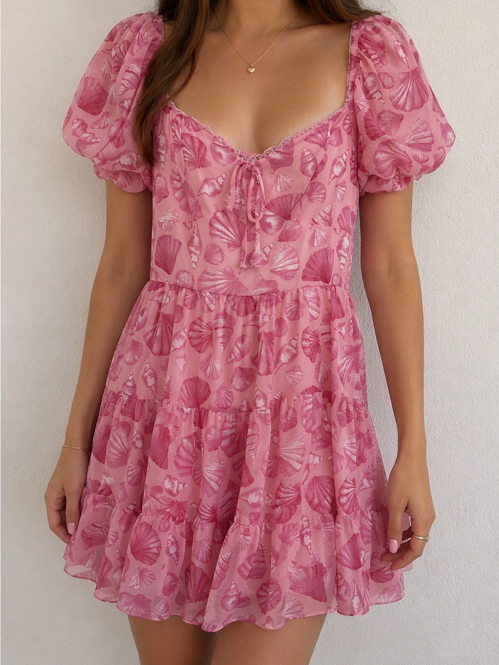 NWT B. Darlin Pink Seashell Print Puff Sleeve Smocked Mini Dress 5/6